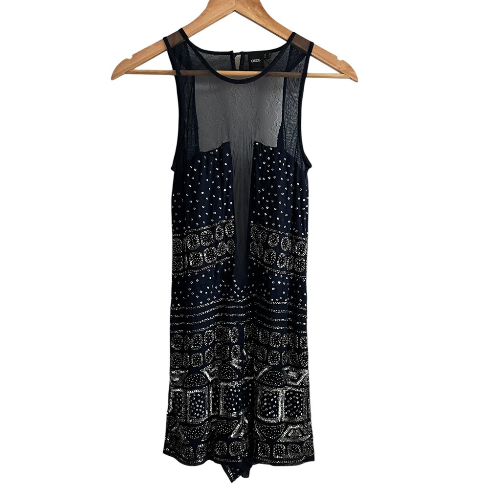 ASOS All Over Sequin Bead Embellished Playsuit Romper Mesh Panel Open Back SZ 4
